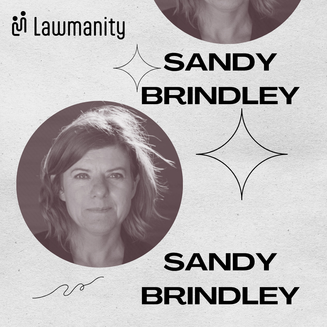 Podcast cover for Lawmanity podcast with smiling woman and her name: Sandy Brindley